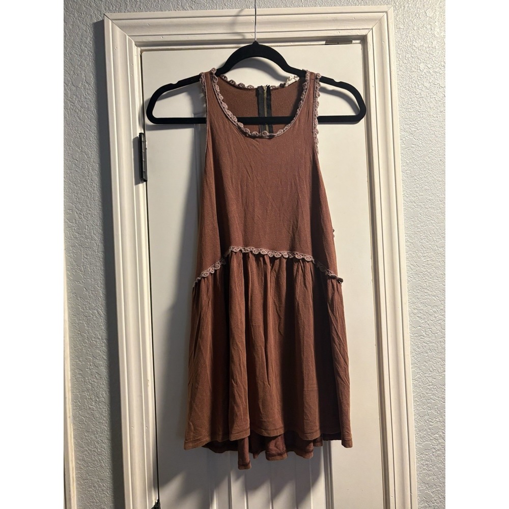 POL Boho Babydoll Tunic Tank Top Medium Brown Lace Trim Tiered Lagenlook